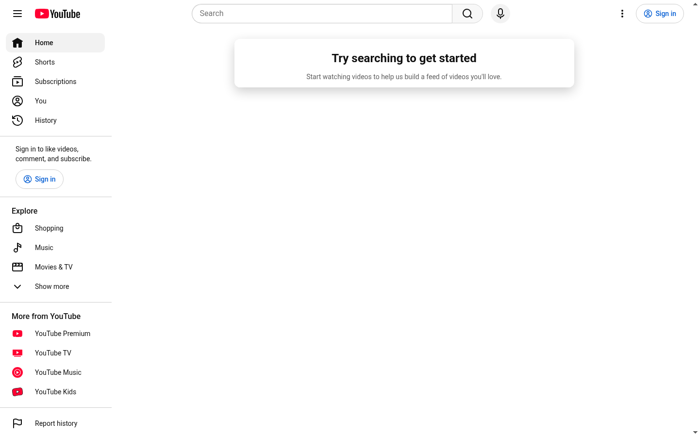 YouTube (nicht gelistet): Startseite auf youtube.com in der Desktop-Ansicht